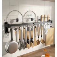 廚房用品多功能置物掛架(黑色70cm12鈎可放鍋蓋)(尺寸:70*10*4.5CM)