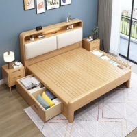 Multifunctional furniture solid wood bed frame oak wooden bed with storage headboard for bedroom