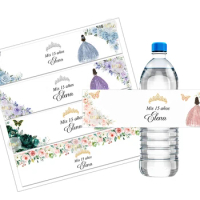 Custom Mis 15 Años XV Mis Quince Water Bottle Labels Stickers Custom Girls' Fifteenth /Sixteen Birthday Party Decor Labels Crown