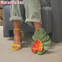 Square Toe Anthurium Leaves Decor Sandals Fashion Funny Designer Women Shoes Summer 2023 Ankle Buckle Yellow Solid Strange Heel