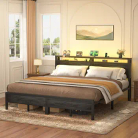 King Size Bed Frame with Charging Station &amp; LED ,Easy Assembly,Gray Oak for indoor bedroom furniture