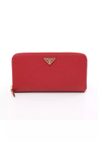 Prada 二奢 Pre-loved Prada GLACE'CALF + CITY round zipper long wallet lip Saffiano leather Red