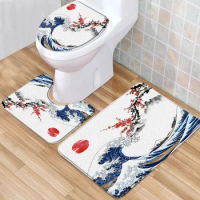Chinese Style Bath Mat Set Black White Plant Bird Pink Flower Peacock Low Pile Memory Foam Bath Mat Toilet Cover U-Shaped Carpet