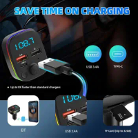 Car Bluetooth 5.0 FM Transmitter Handsfree Car Kit With PD 20W Type-C Dual USB 3.4A Fast Charger Ambient Light Cigarette lighter