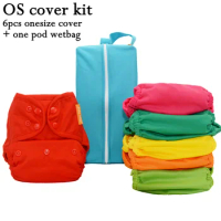 WizInfant OS Baby Cloth Diaper Cover Kit With 6 Pieces Plain Covers Plus One Pod Wetbag