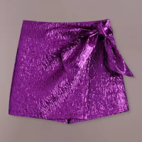 Women Shorts Mini Skirt High Waist Ruffle Bowknot Glossy Ladies Female Casual Short Pants Trousers Party Female Skort Mujer