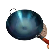 Traditional Chinese Seasoning Iron Wok with Ear,Wooden Handle Uncoated Cooking Wok,Round Bottom Kitchen Cookware for Gas Stoves