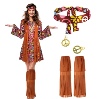 70s Costume For Hippie Costume Women Peace Sign Earring Necklace Headband Dress Accessories Halloween Indian Hippie Performance