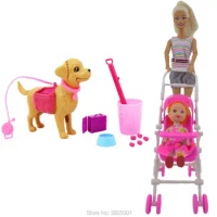 2 Items /Lots Baby Stroller + Dog Pet Sets Dog Food Bones Outside Dollhouse Puppet 1:6 Toys for Barbie Doll Kelly Kid xMas Toy