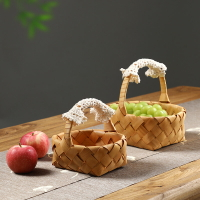 日式木片手工編織籃子 面包水果野餐提籃 家用客廳零食雜物收納筐