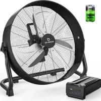 15600mAh Rechargeable Battery Operated Drum Fan 16 inch Black Industrial High Velocity Floor Fan Camping Fan for Gym Garage