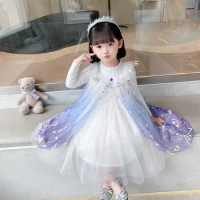 Snow and Ice Ceremonial Dress Spring Elsa Frozen for Girl Gradient Color Sweater Snow Kids Birthday Party Summer Princess Dress