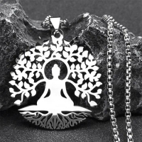 Buddhism Meditation Buddha Yoga Pendant Necklace Stainless Steel Tree of Life Buddhist Chakras Reiki Chain Jewelry collar