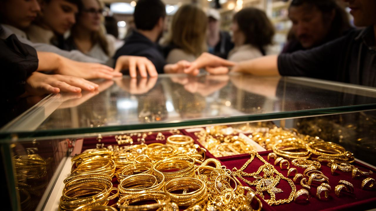 Photo: BigGo Finance China gold jewelry prices fall nearly 500 yuan a gram from year's high; weekend crowds surge at Shuibei markets in Shenzhen