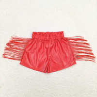SS0252 Summer RTS Wholesale toddler girls Red shiny leather fringed shorts New Arrival Boutique baby girls clothes shorts