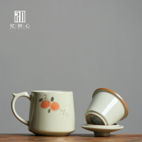 手繪柿子泡茶杯水杯哥窯陶瓷冰裂家用辦公馬克杯帶蓋帶過濾茶杯