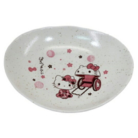 小禮堂 Hello Kitty 日製橢圓陶瓷盤《粉白.人力車》點心盤.沙拉盤.金正陶器