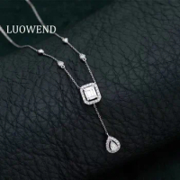 LUOWEND 100% Solid 18K White Gold Pendant Necklace Real Natural Diamond Jewelry Women Engagement Necklace Fashion Wedding Chain