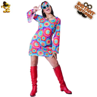 Women 60s 70s Retro Hippie Fancy Dress 70s Costumes Halloween Costume For Female Adult