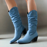 Blue Denim Jeans Pleated Western Cowboy Boots Big Size 46 47 48 Chunky High Heels Mid-calf Women Boot Winter Warm Gothic Shoes