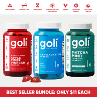 3 Bottles of Goli Best Seller Bundle: Ashwagandha KSM-66 Apple Cider Vinegar Matcha Mind supplement 