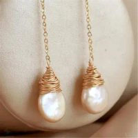 14-16mm White Baroque Pearl Earrings Gold Ear Drop Dangle Natural Earbob Aurora AAA Irregular Flawless Wedding Classic