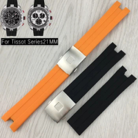 Fit for Tissot T076417A 21mm Soft Silicone Rubber Watch Band Black Orange Sport Waterproof Strap Deployment Buckle Free Tools