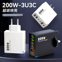 New 200W Multi-Port Charger 3USB + 3PD Mobile Phone 6-in-1 Fast Charging Head 5V2.4A EU US UK Plug