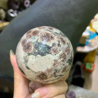 Bi cầu Russian Flower Agate tự nhiên - Mã Não Hoa Anh Đào Nga - Cầu đá năng lượng (Tặng đế gỗ)