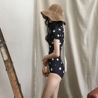 韓國復古清新波點短袖保守遮肚顯瘦三角連體溫泉游泳衣女度假溫泉 【麥田印象】