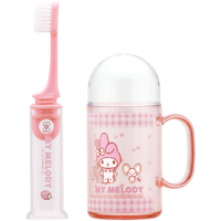 asdfkitty*美樂蒂粉方格兒童牙刷漱口杯隨身組-日本正版商品