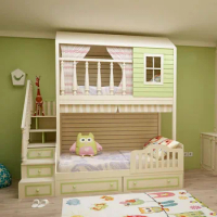Children's double decker bed with upper and lower bunks, boys' double decker high and low bed, multi-functional solid wood bed