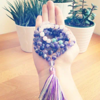 RoseQuartz And Purple Quartz Necklace 108 Mala Bead Necklace Yoga Jewelry Buddhist Prayer Mala Beads Necklaces Tassel Necklaces