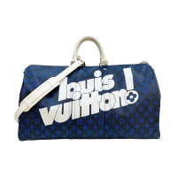 【二手名牌BRAND OFF】LOUIS VUITTON LV 路易威登 黑藍色 原花 PVC塗層帆布 Keepall 55 兩用包 行李袋 M45874