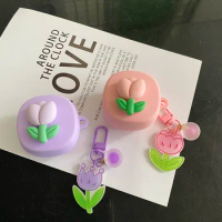 For Samsung Galaxy Buds 2 Pro / Buds Live / buds FE / 2PRO Case Cute Flower Tulip Keychain Silicone Earphone Cover Accessory Box