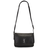 【YSL】專櫃經典款 NIKI系列銀色金屬LOGO粒面小羊皮翻蓋肩 斜背包/郵差包(小款 包包沒有很大 請注意尺寸)