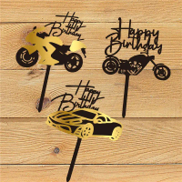 【Crystal】    New Motorcycle Happy Birthday Cake Topper Sports Car Golden Acrylic cake Toppers for Bo
