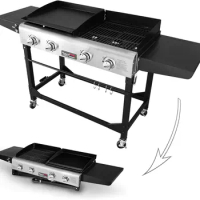 GD401 Portable Propane Gas Grill and Griddle Combo with Side Table 4-Burner Folding LegsVersatile Outdoor Black 66 Inch
