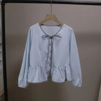 2026 Early Spring New Korean Style Fresh and Youthful Slimming Tie-Neck Puff Long Sleeve Shirt for W