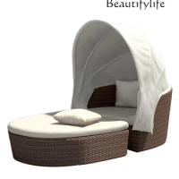 Rattan Outdoor Lounge Courtyard Bed Beach Balcony Single Rattan Chair Sofa Bed Sunshade
