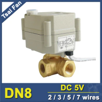 TF8-BH3-B DC5V Metal Gear Actuated Electric Valve With Manual Override Brass 3 Way T/L Type 1/4'' DN8 Motorized Valve