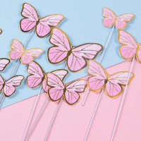 10pcs Stamping Butterfly Cake Toppers Gold Pink Princess Girl Happy Birthday Cake Decoration Wedding Party Dessert Baking decor