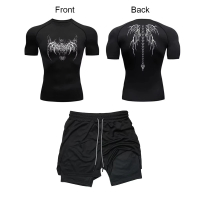 SDSyMen's Y2K Skeleton Print Sportswear Tracksuit Gym Compression Shirts + 2 in 1 Performance Shorts