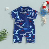 Toddler Baby Boys Rash Guard Swimsuit Kids Short Sleeve Bathing Beach Shark/Dinosaur Print Swimwear Beachwear