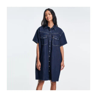 【LEVIS 官方旗艦】女款 寬鬆長版牛仔洋裝 / 側口袋設計 / 原色 / 質感珍珠釦 熱賣單品 A3344-0000