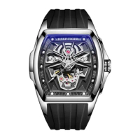 Reef Tiger Men Automatic Watch 42.3mm Luxury Tonneau Case Mechanical Wristwatch Sapphire Mirror Skeleton Dial Luminous