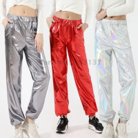 Women's Bright Leather Pants Hip Hop Trouser Holographic Clothes Rave Festival Disco Pole Street Wear Dancewear Casual Clubwear