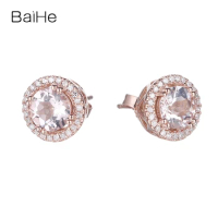 BAIHE Real Solid 10K Rose Gold Morganite Stud Earrings Wedding Engagement Fine Jewelry Round Stud Earrings Women Man Eyrnalokkar