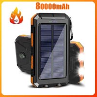 New solar power bank 80000mAh large capacity two-way fast charging built-in cable power bank external battery for Xiaomi iPhone