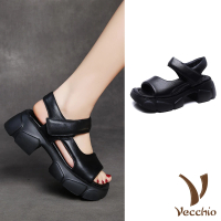 【Vecchio】真皮涼鞋 厚底涼鞋/真皮頭層牛皮復古方頭幾何設計厚底涼鞋(黑)